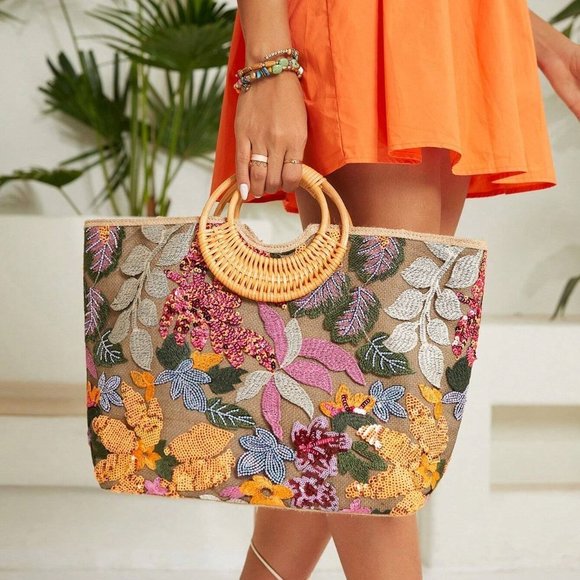 Multicolor Boho Leaf & Flower Pattern Top Handle Bag Sequin & Embroidery Detail - Picture 5 of 5
